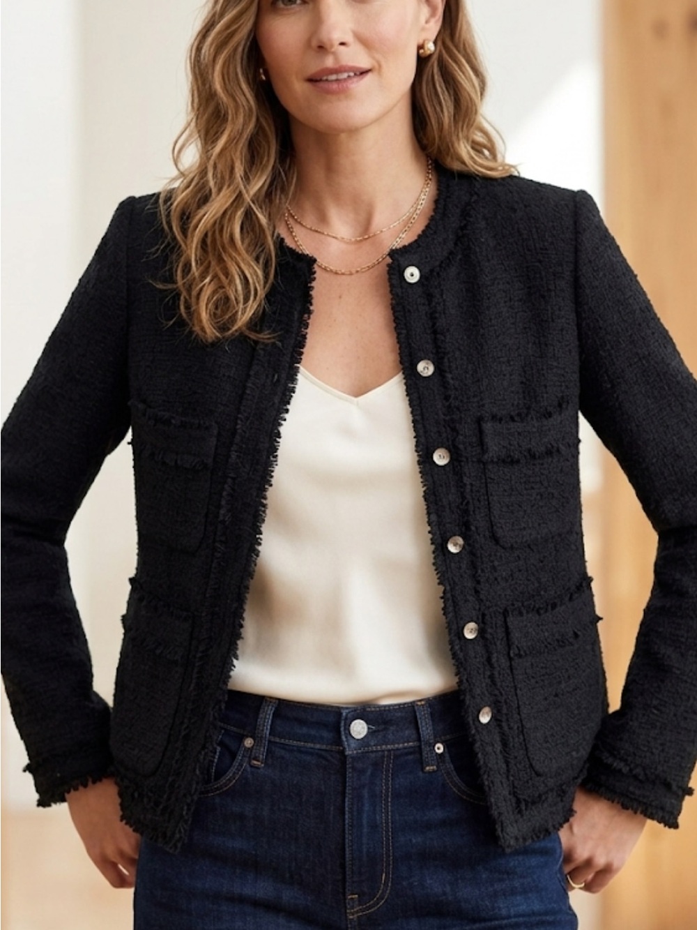 J. Crew Black Tweed Boucle Fringe-Trim Jacket NWT